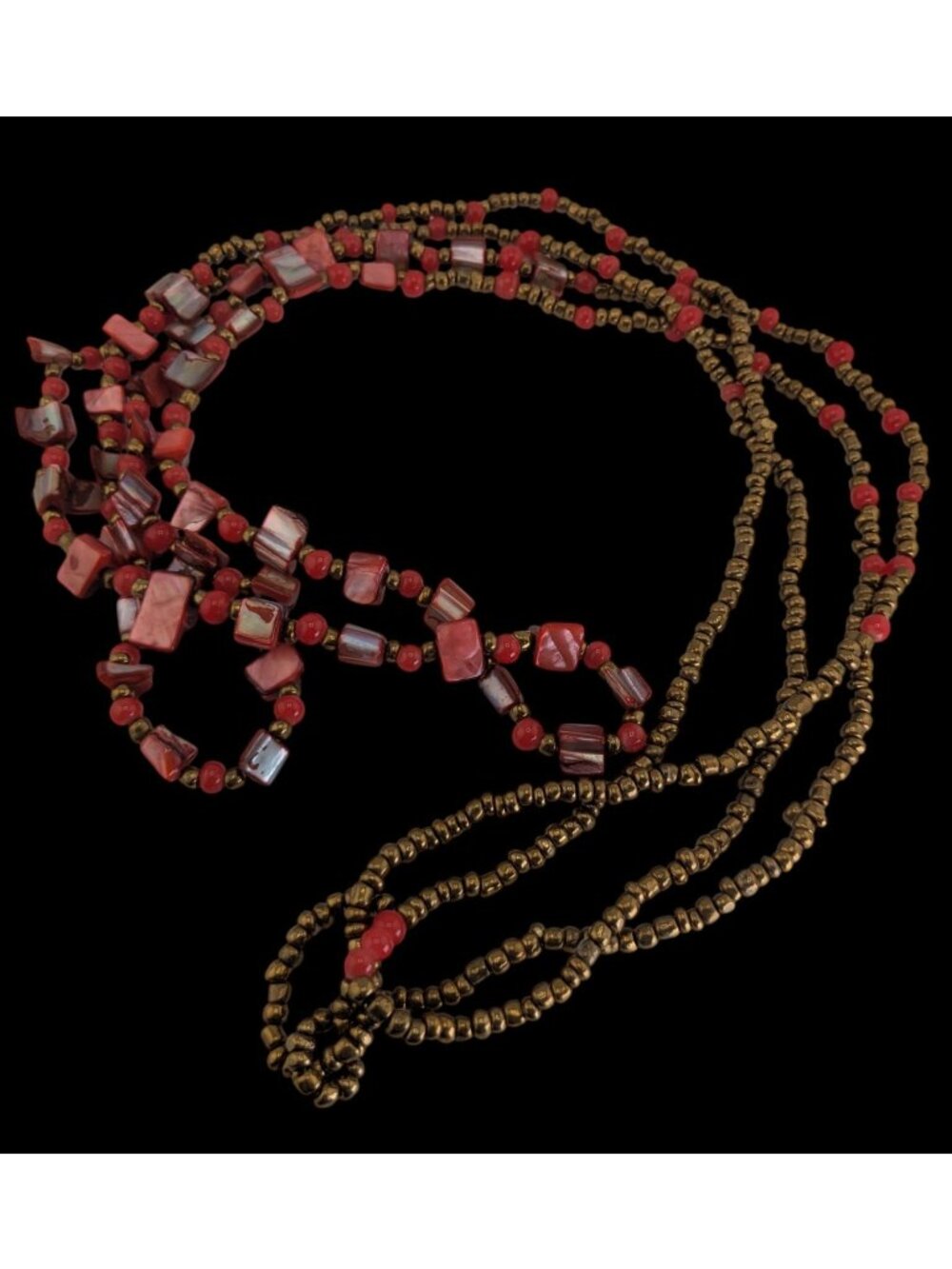 Vintage Boho Tribal Red Gold Multi Strand Beaded Long Statement Necklace